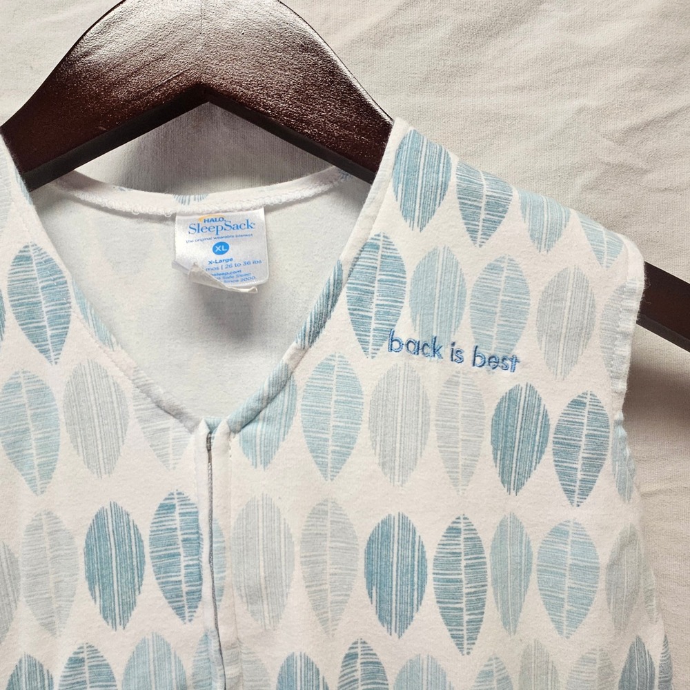 Halo SleepSack Wearable Blanket Kids XL White Blue Leaf Print 100% Cotton